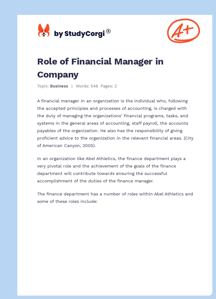 Role of Financial Manager in Company. Page 1