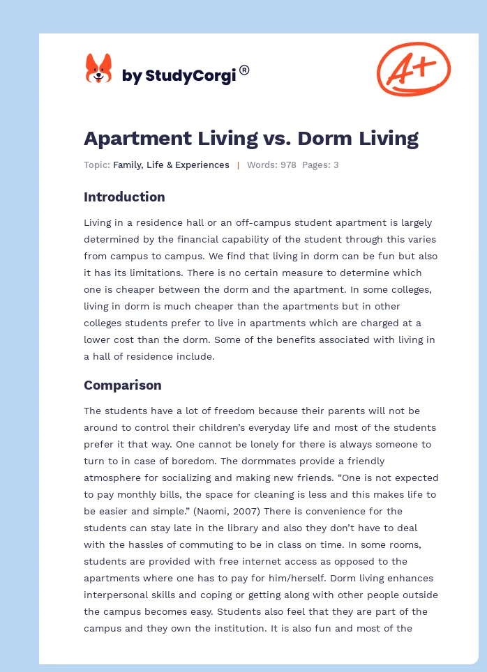 Apartment Living vs. Dorm Living. Page 1