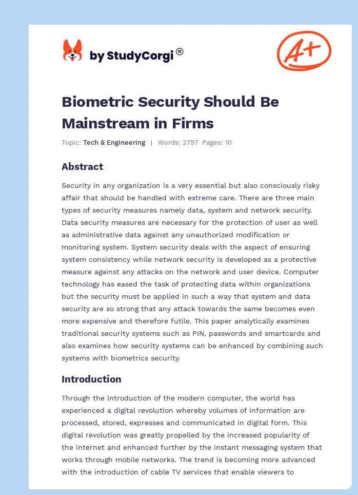 Biometric Security Should Be Mainstream in Firms. Page 1