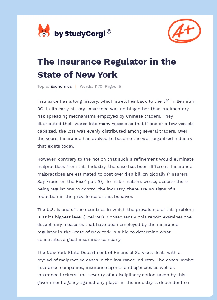 The Insurance Regulator in the State of New York. Page 1