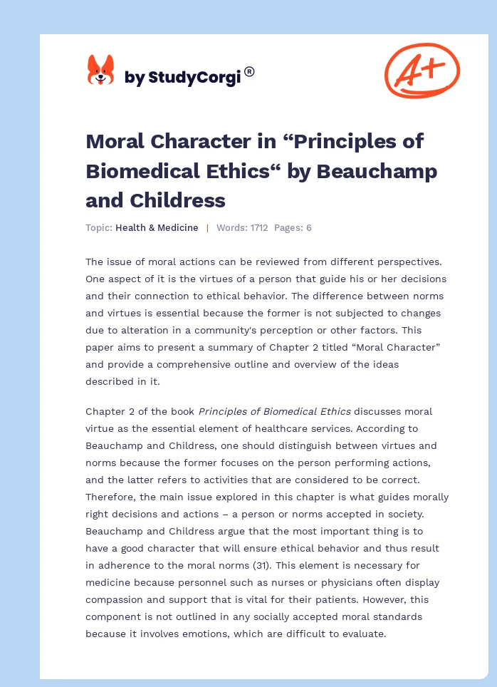 Moral Character in “Principles of Biomedical Ethics“ by Beauchamp and Childress. Page 1