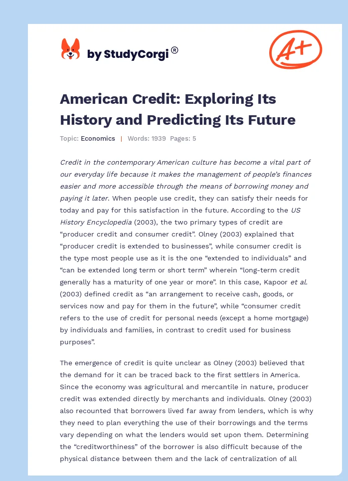 American Credit: Exploring Its History and Predicting Its Future. Page 1