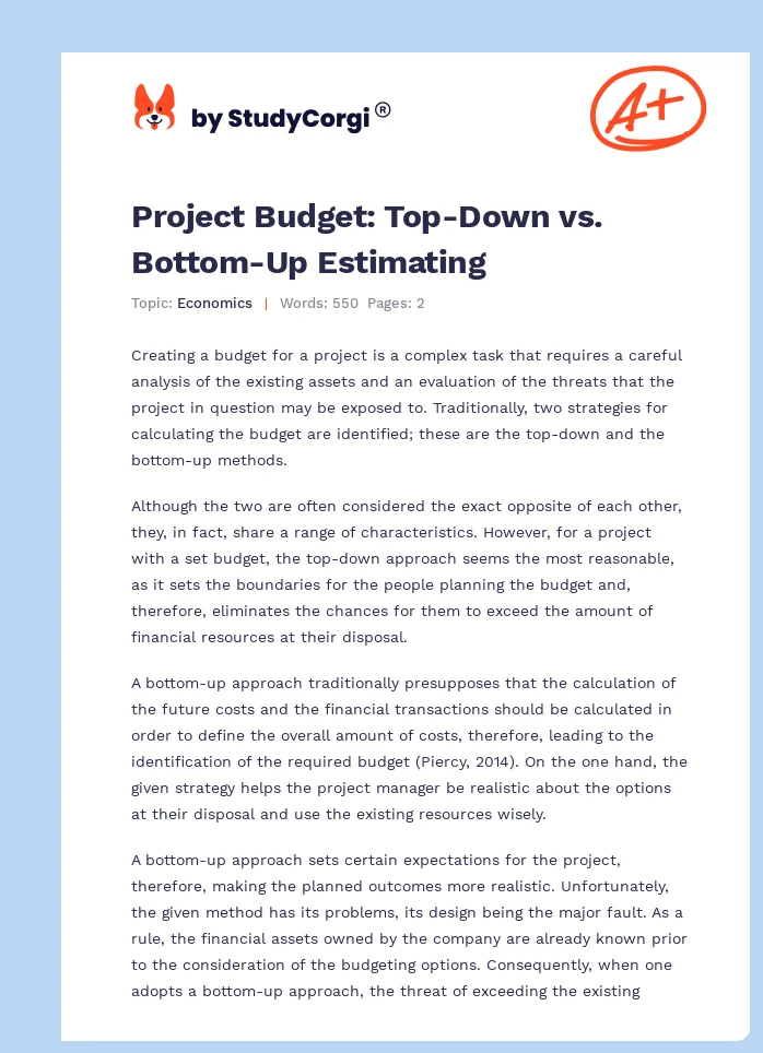 Project Budget: Top-Down vs. Bottom-Up Estimating. Page 1