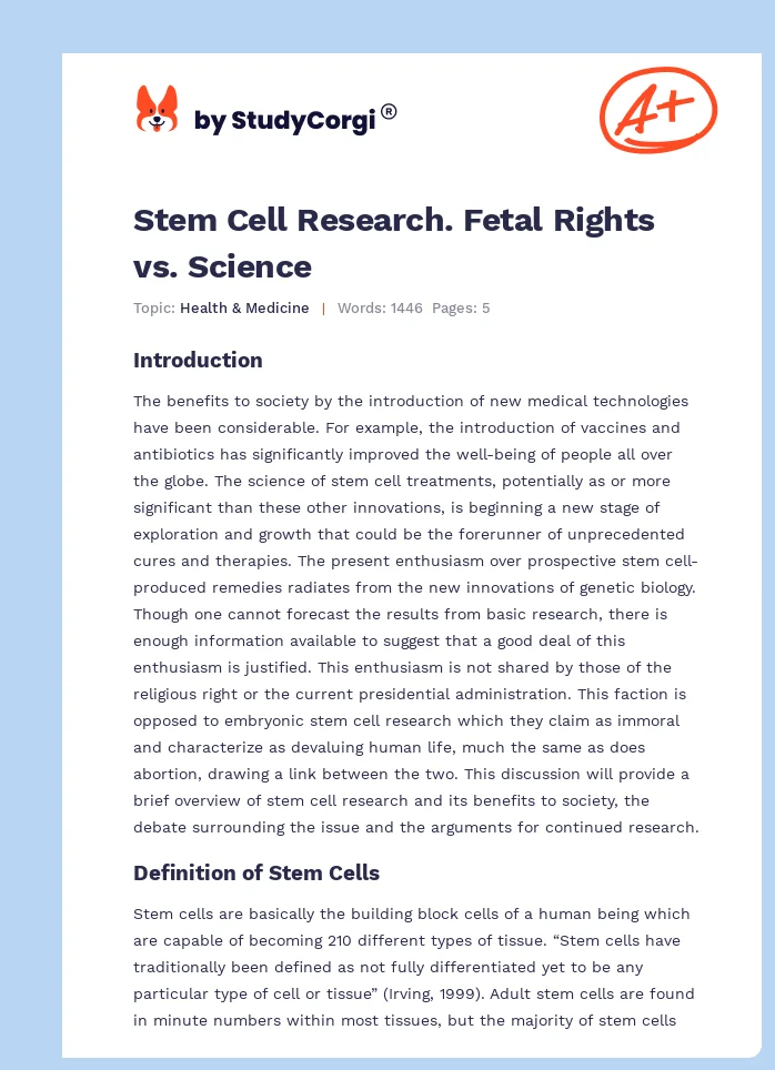 Stem Cell Research. Fetal Rights vs. Science. Page 1