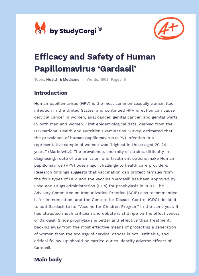 Efficacy and Safety of Human Papillomavirus ‘Gardasil’. Page 1