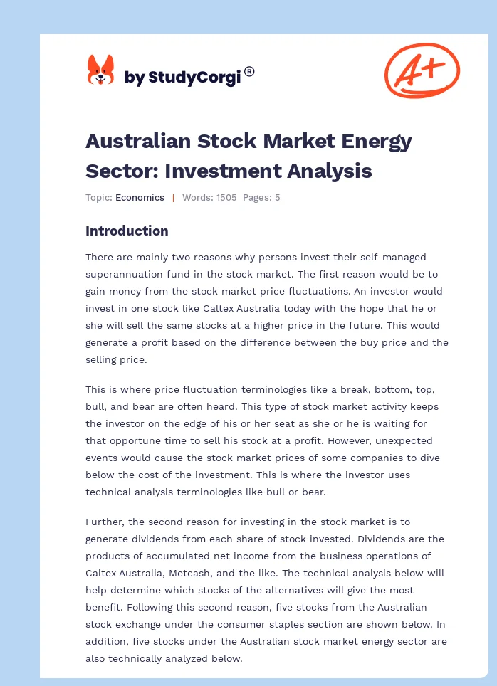 Australian Stock Market Energy Sector: Investment Analysis. Page 1