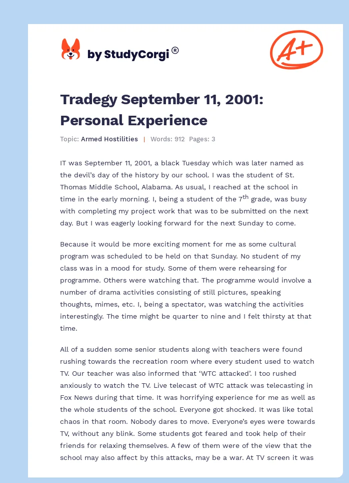 Tradegy September 11, 2001: Personal Experience. Page 1