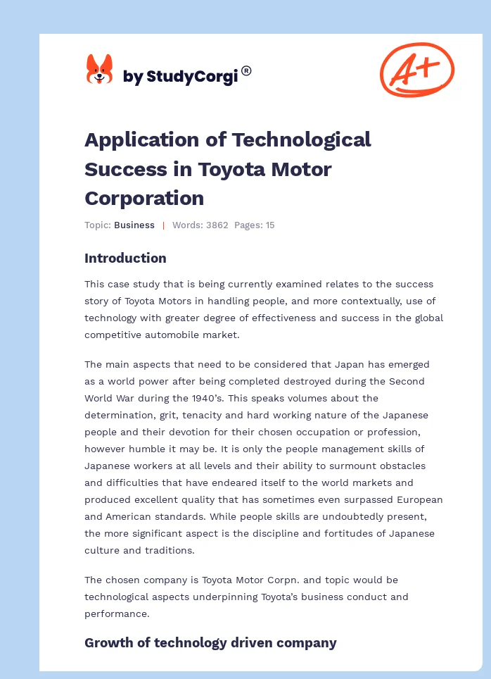 Application of Technological Success in Toyota Motor Corporation. Page 1