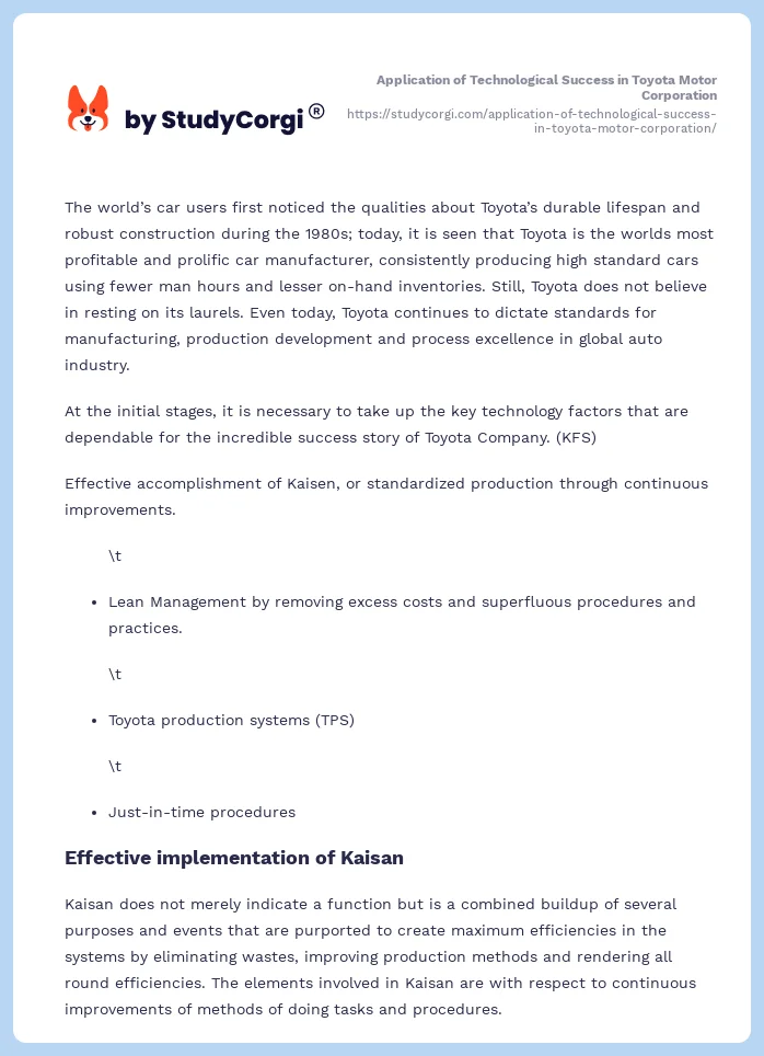 Application of Technological Success in Toyota Motor Corporation. Page 2