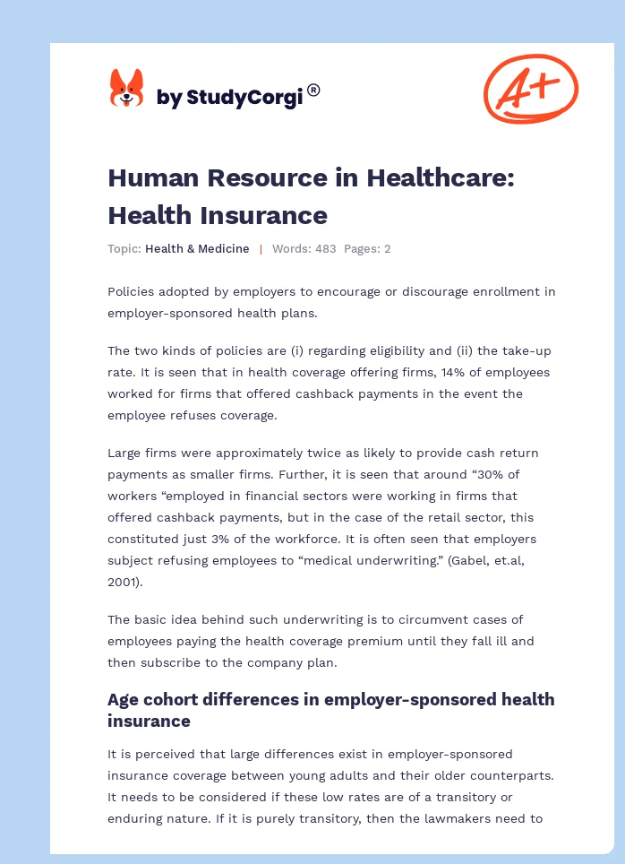 Human Resource in Healthcare: Health Insurance. Page 1