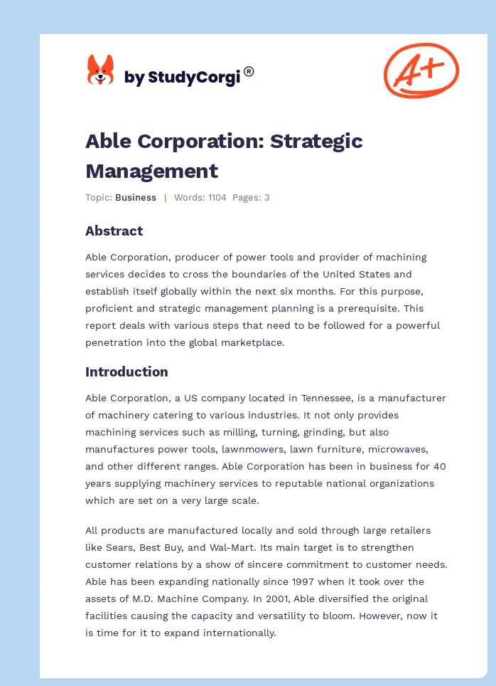 Able Corporation: Strategic Management. Page 1