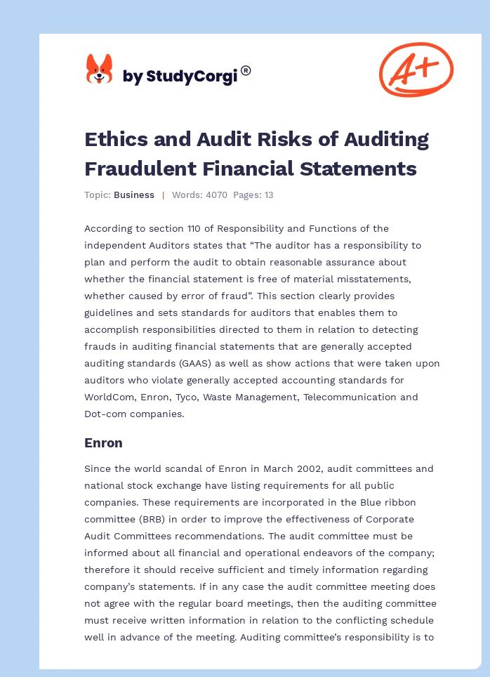 Ethics and Audit Risks of Auditing Fraudulent Financial Statements. Page 1