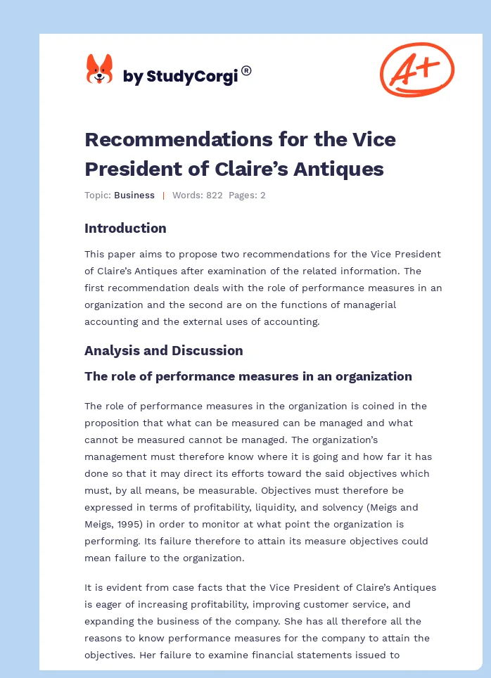 Recommendations for the Vice President of Claire’s Antiques. Page 1