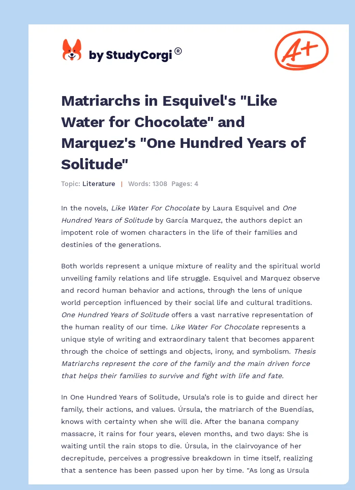 Matriarchs in Esquivel's "Like Water for Chocolate" and Marquez's "One Hundred Years of Solitude". Page 1