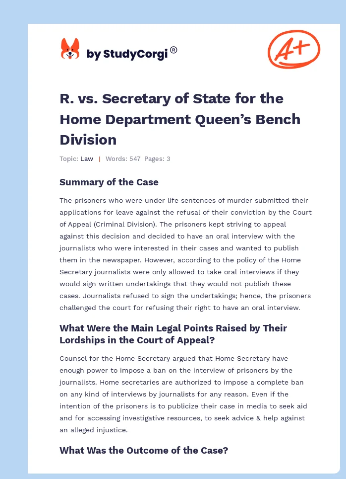 R. vs. Secretary of State for the Home Department Queen’s Bench Division. Page 1