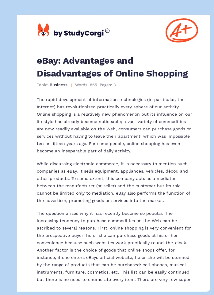 eBay: Advantages and Disadvantages of Online Shopping. Page 1