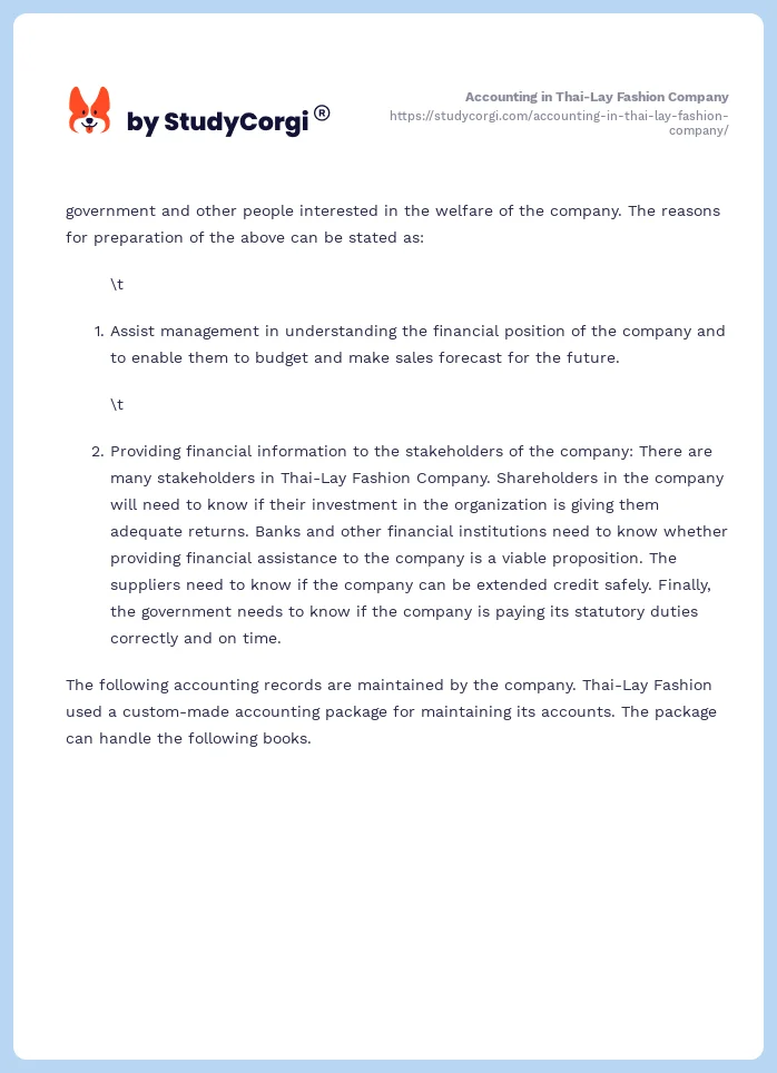Accounting in Thai-Lay Fashion Company. Page 2