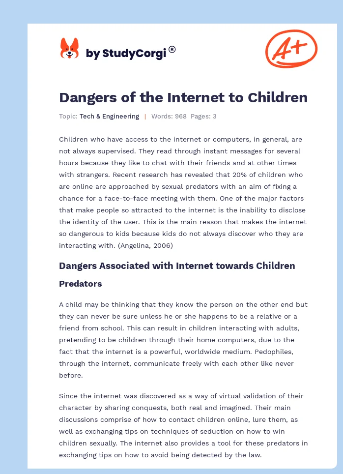 Dangers of the Internet to Children. Page 1