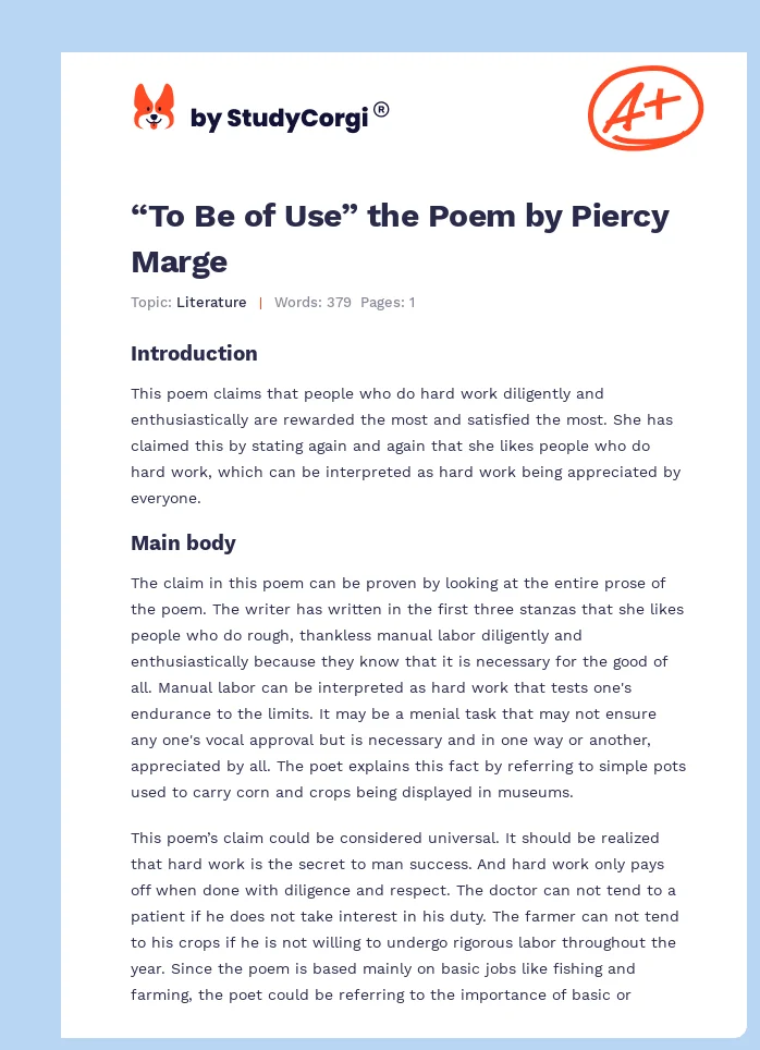 “To Be of Use” the Poem by Piercy Marge. Page 1