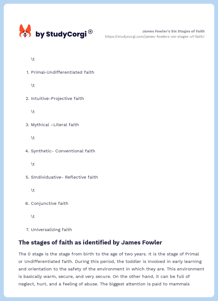 James Fowler’s Six Stages of Faith. Page 2