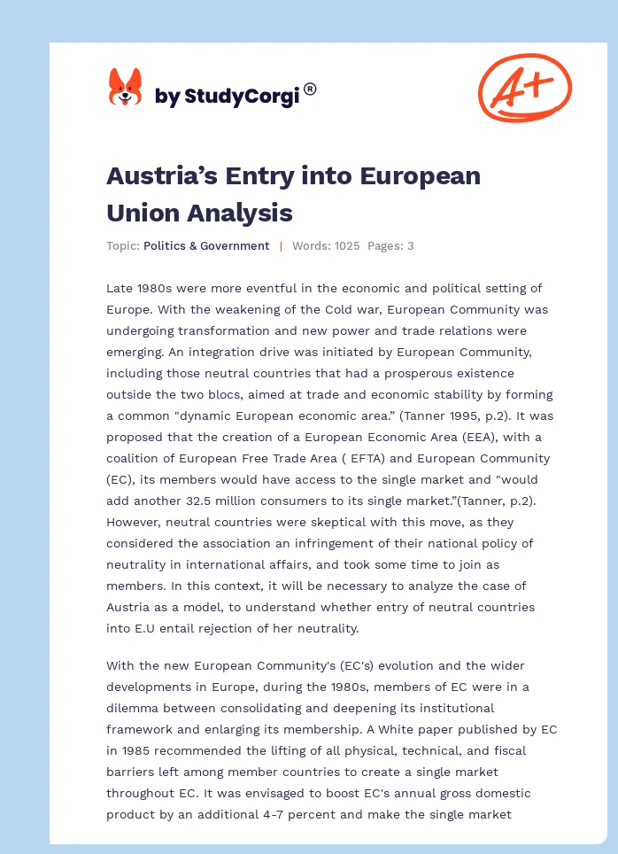Austria’s Entry into European Union Analysis. Page 1