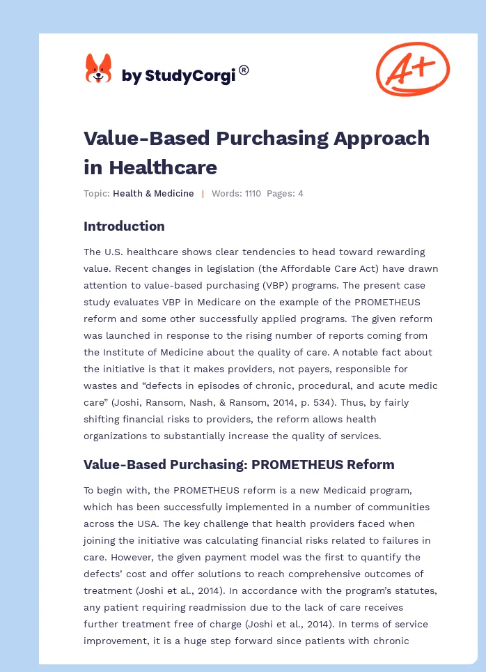 Value-Based Purchasing Approach in Healthcare. Page 1