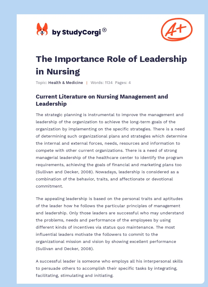 The Importance Role of Leadership in Nursing. Page 1