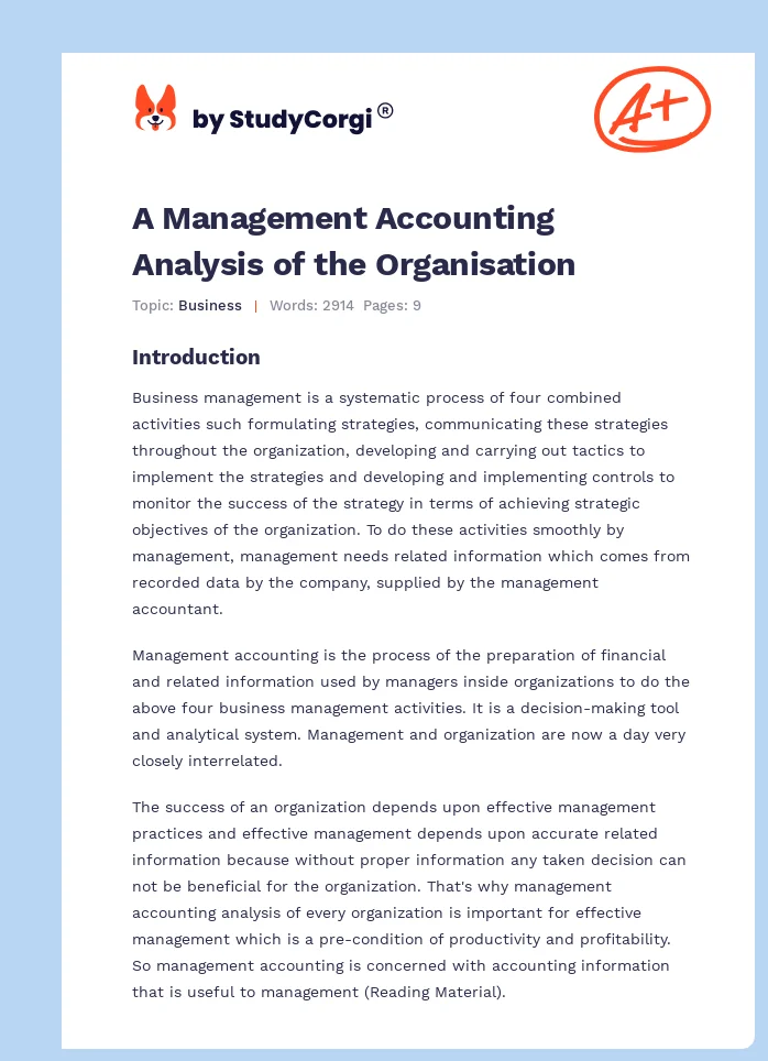 A Management Accounting Analysis of the Organisation. Page 1
