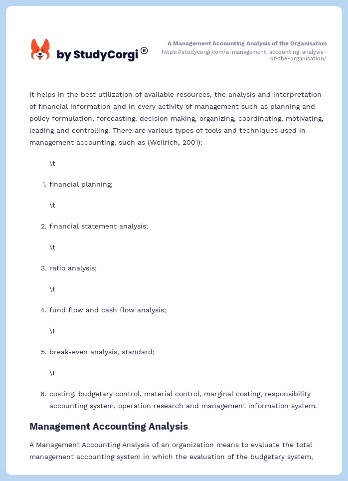 A Management Accounting Analysis of the Organisation. Page 2