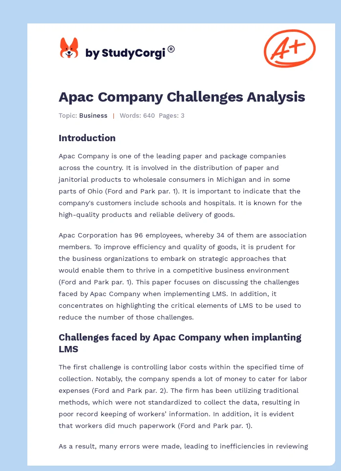 Apac Company Challenges Analysis. Page 1