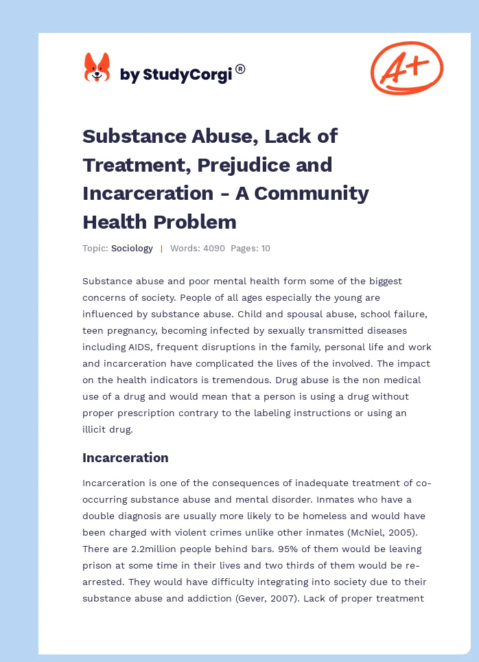 Substance Abuse, Lack of Treatment, Prejudice and Incarceration - A Community Health Problem. Page 1