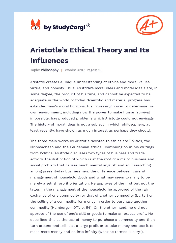 Aristotle’s Ethical Theory and Its Influences. Page 1