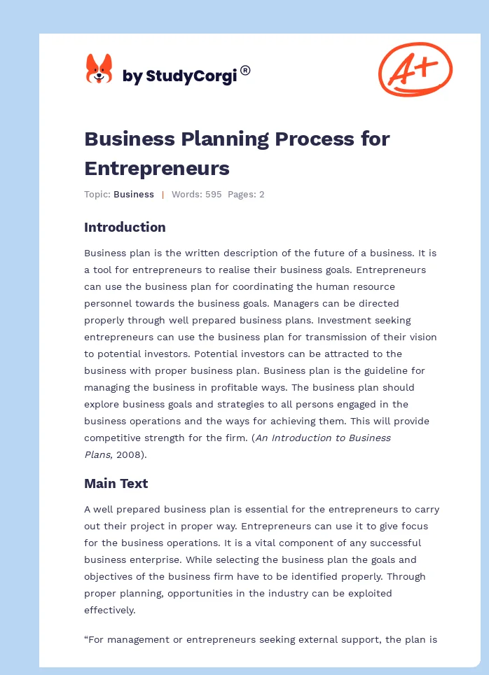 Business Planning Process for Entrepreneurs. Page 1