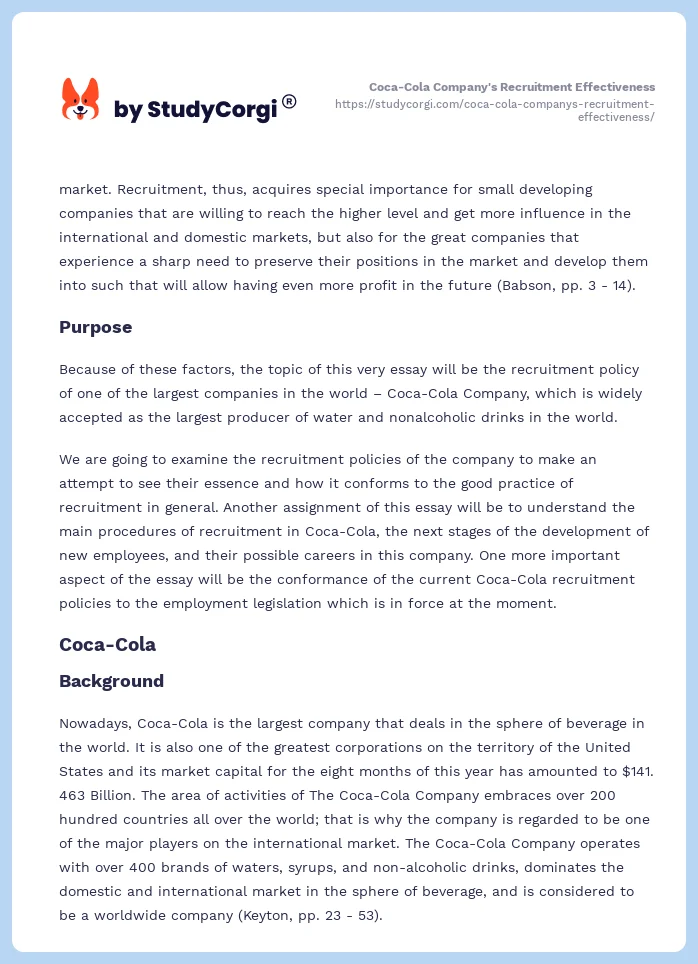 Coca-Cola Company's Recruitment Effectiveness. Page 2
