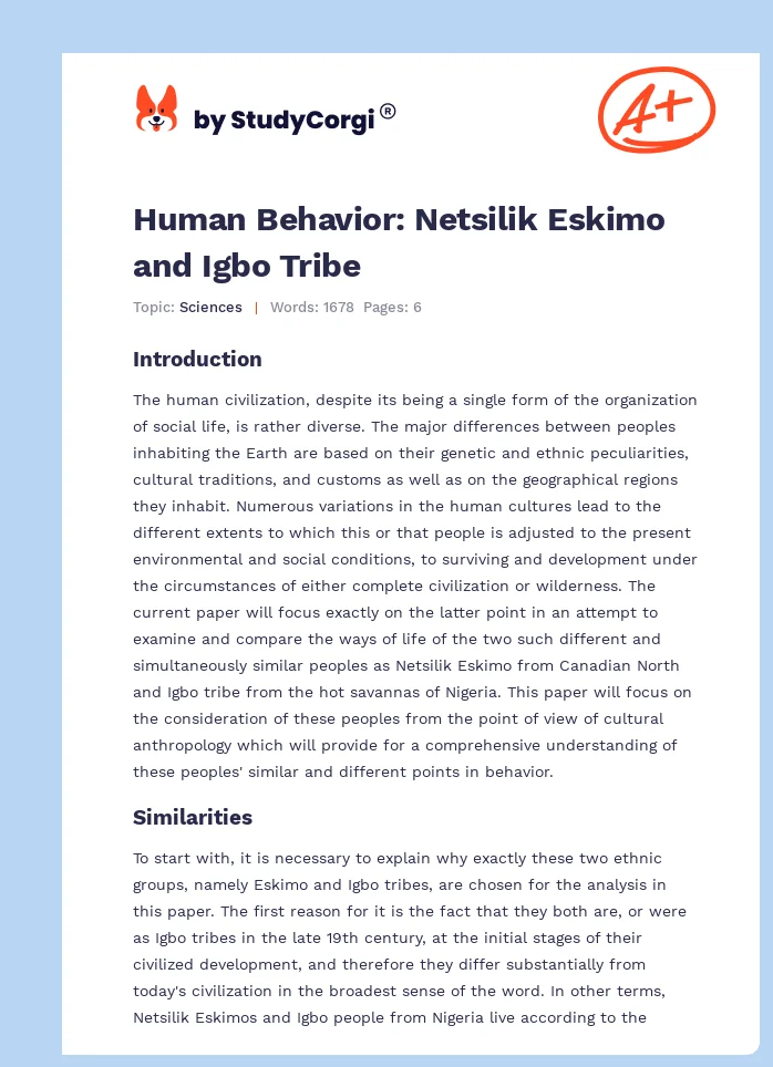 Human Behavior: Netsilik Eskimo and Igbo Tribe. Page 1