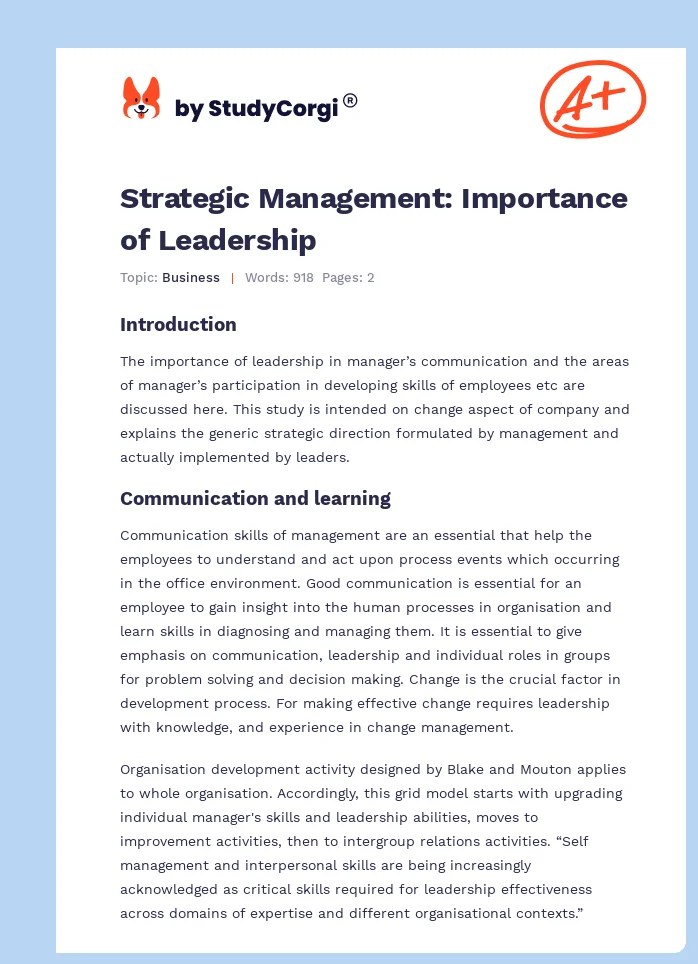 Strategic Management: Importance of Leadership. Page 1