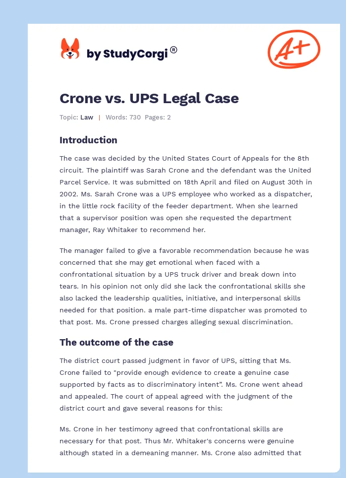 Crone vs. UPS Legal Case. Page 1
