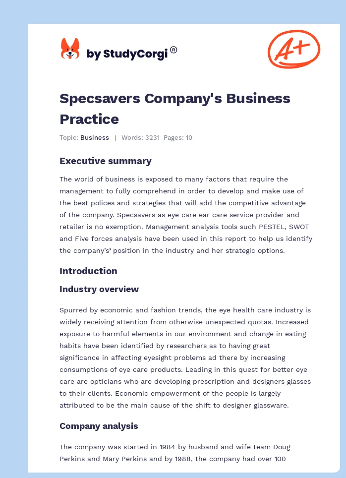 Specsavers Company's Business Practice. Page 1
