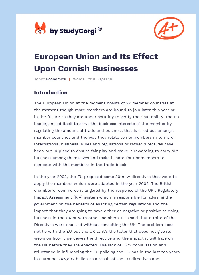 European Union and Its Effect Upon Cornish Businesses. Page 1