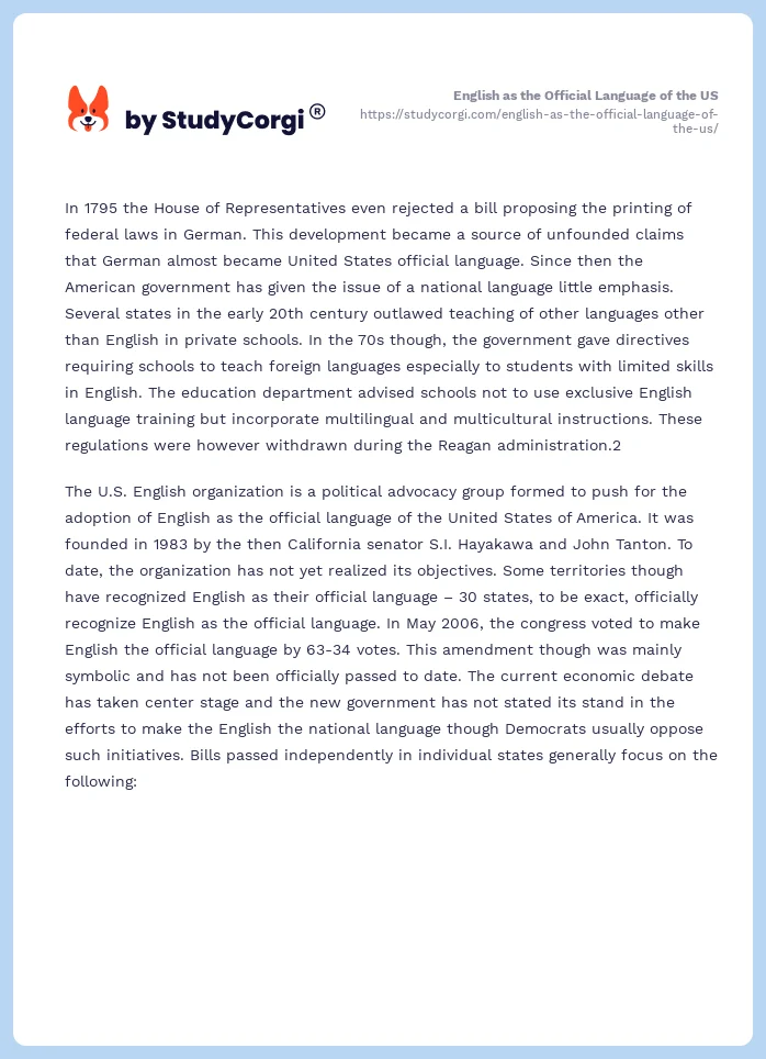 English as the Official Language of the US. Page 2