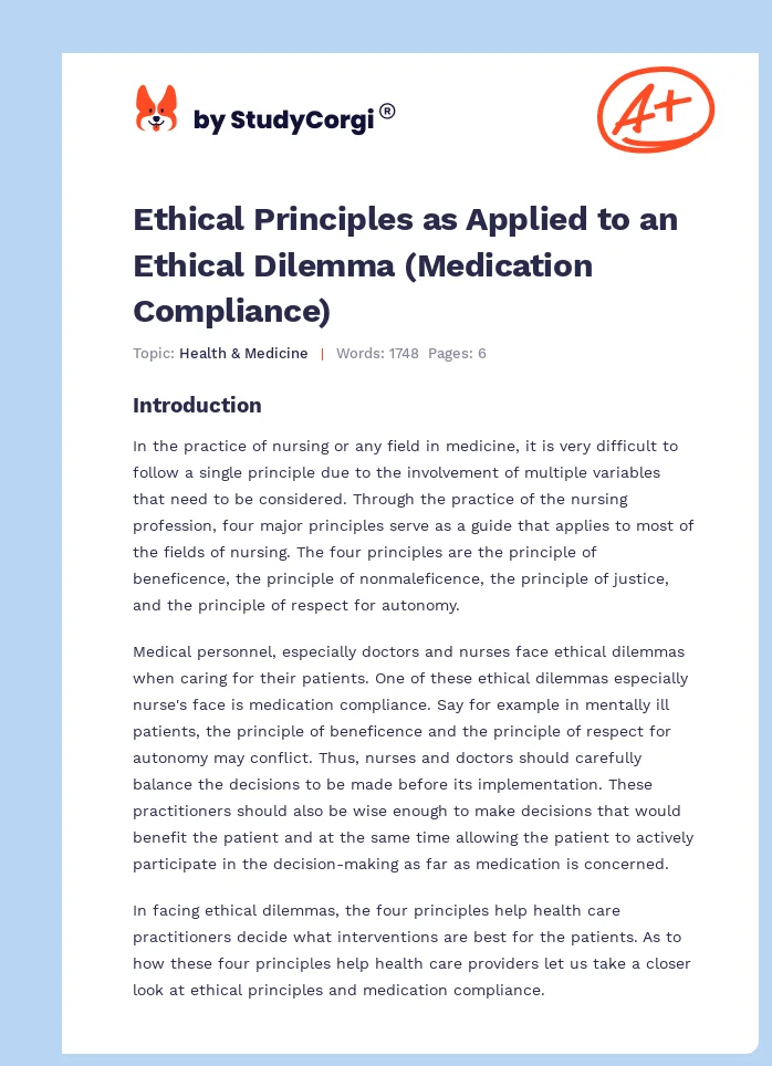 Ethical Principles as Applied to an Ethical Dilemma (Medication Compliance). Page 1