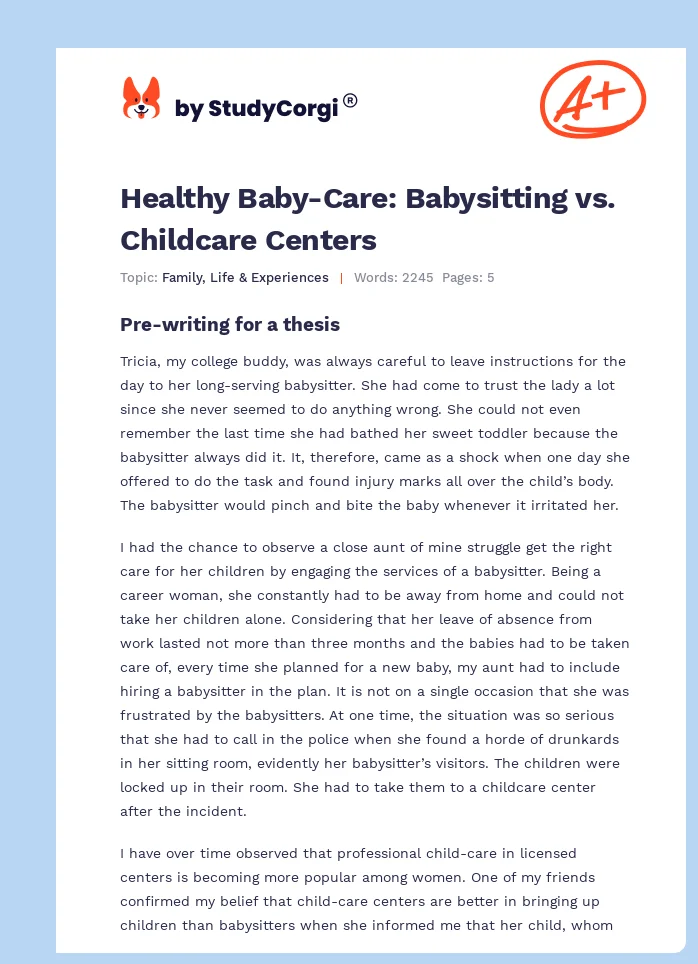 Healthy Baby-Care: Babysitting vs. Childcare Centers. Page 1