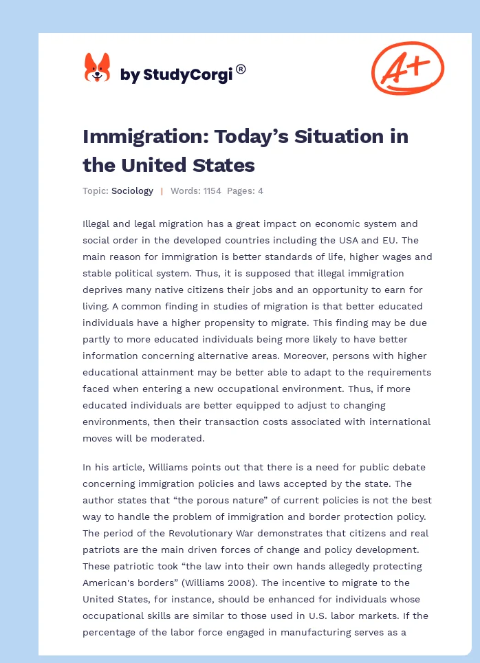 Immigration: Today’s Situation in the United States. Page 1