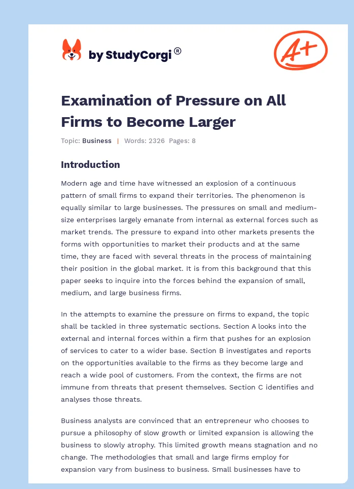 Examination of Pressure on All Firms to Become Larger. Page 1