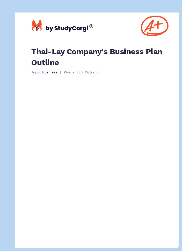 Thai-Lay Company's Business Plan Outline. Page 1
