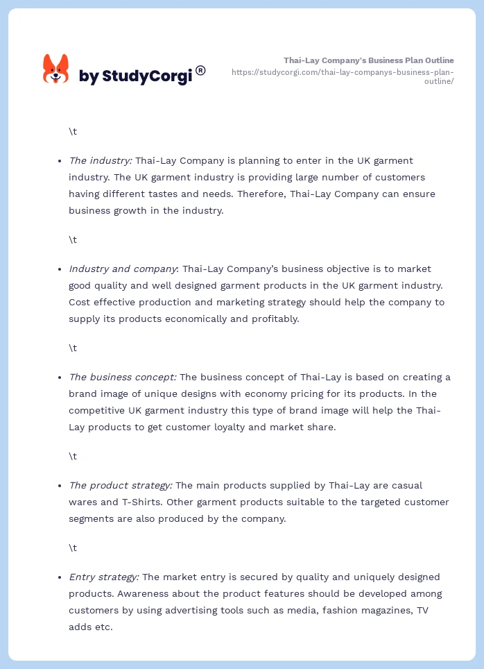 Thai-Lay Company's Business Plan Outline. Page 2
