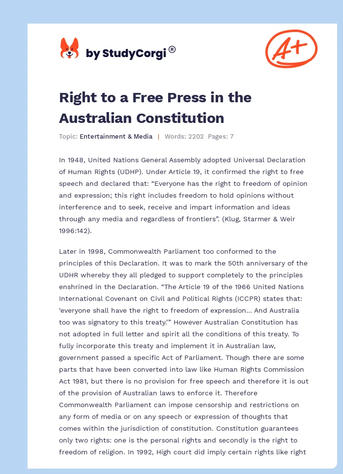 Right to a Free Press in the Australian Constitution. Page 1