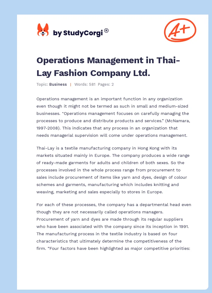Operations Management in Thai-Lay Fashion Company Ltd.. Page 1