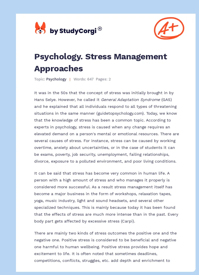 Psychology. Stress Management Approaches. Page 1