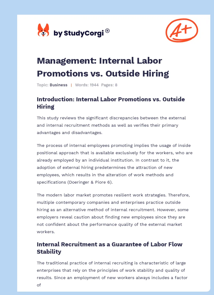 Management: Internal Labor Promotions vs. Outside Hiring. Page 1